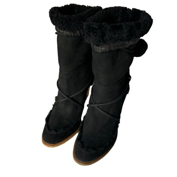 DIOR Boots Sz.9.5 Black Suede Shearling High Heel Pom Pom Drawstrings Fur Trim - Picture 16 of 16